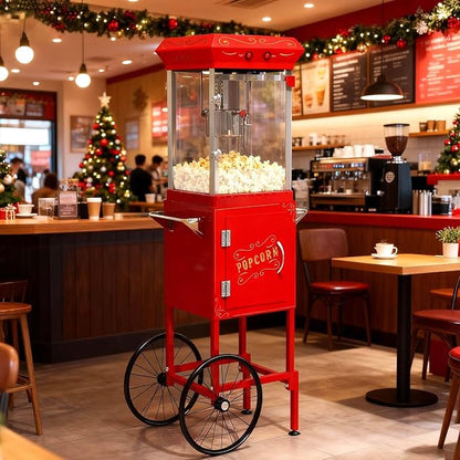 Popcorn Machine with Cart, 6 Oz Kettle, Mobile Popcorn Maker for 32 Cups per Batch, Nostalgia Movie Theater Style, Vintage Bar Style Popcorn Machine with Lockers for Home & Events, Red