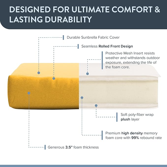 California Umbrella Outdoor Dining Chair, Patio Seat Cushion, 20 x 40 Inch, Premium Outdoor Memory Foam, Fade Resistant Sunbrella Fabric, Fabric Ties,Sunflower Yellow