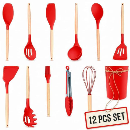 12 Pcs Red Kitchen Accessories with Holder for Nonstick Cookware | Silicone Cooking Utensils Set for BBQ; Heat-Resistant Tools with Wooden Handles for Baking, Serving, Frying, and Mixing