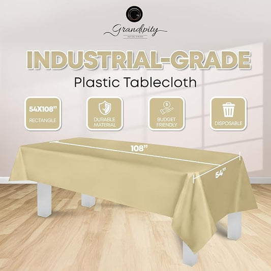 Grandipity 12 Pack Premium Disposable Plastic Tablecloth 54 Inch. x 108 Inch. Decorative Rectangle Table Cover - Beige