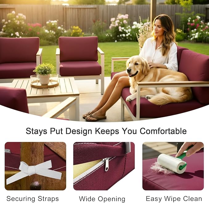 NettyPro Outdoor Cushion Covers Replacement Set 4 Water Repellent UV Resistant Patio Chair Seat Cushion Slipcover with Zipper and Tie, 24 x 22 x 4 Inch, Burgundy