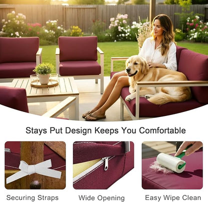 NettyPro Outdoor Cushion Covers Replacement Set 4 Water Repellent UV Resistant Patio Chair Seat Cushion Slipcover with Zipper and Tie, 24 x 22 x 4 Inch, Burgundy