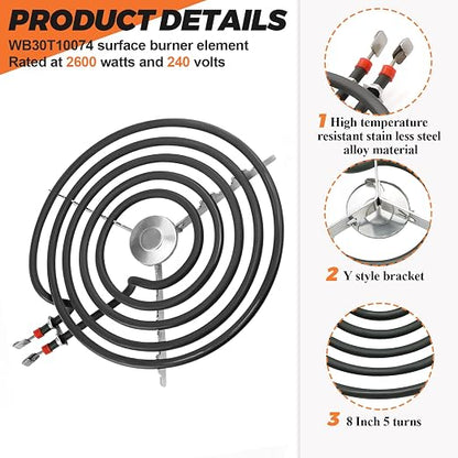 【Upgraded】 8" WB30T10074 Electric Stove Burner for GE Hotpoint Stove Oven Coil Surface Heating Element Replace CH30T10074 S30T10074 PS243922 AP3186376 JBS07C2WW RBS330DRWW JB258RM2SS by Beaquicy
