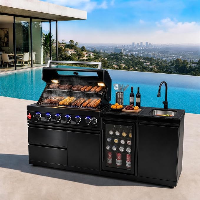 81.9" 6-Burner Modular Outdoor Kitchen Island, 85,000 BTU Propane Gas Grill | 6 Burners, Rear Infrared, Marble Countertop, Fridge, 360° Pull-Out Faucet, 304 Sink, Dual-Layer Warming Rack, Storage Cabinet