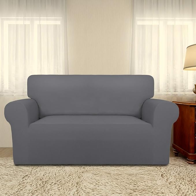 PureFit Stretch Loveseat Covers Fleece Couch Covers for Sofa Gray | 1-Piece Sofa Slipcover Soft Couch Protector, Sofa Cover Washable with Non Skid Foam and Elastic Bottom for Kids, Dogs