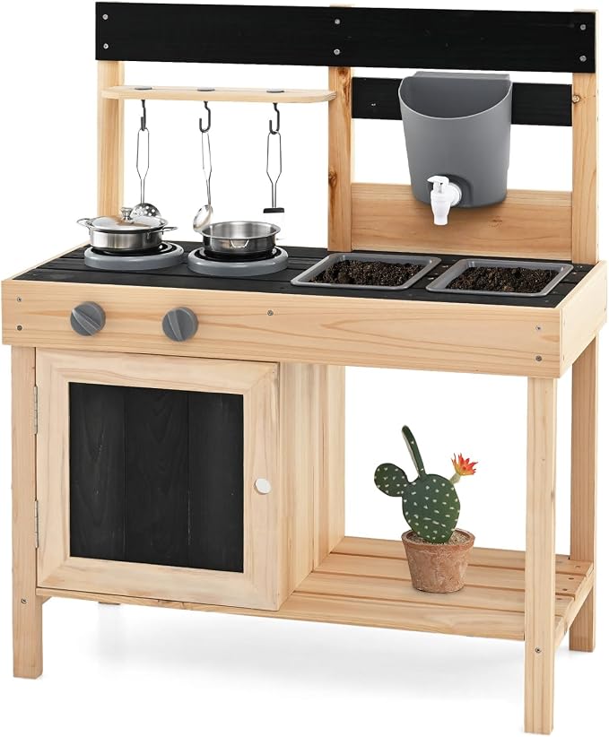 HONEY JOY Fir Wood Outdoor Play Kitchen for Toddlers, Realistic Faucet & Water Tank, Stoves, Sink, Storage Shelf, Outside Kitchen Playset, Mud Kitchen for Kids Outdoor Backyard