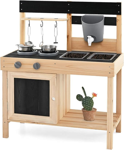 HONEY JOY Fir Wood Outdoor Play Kitchen for Toddlers, Realistic Faucet & Water Tank, Stoves, Sink, Storage Shelf, Outside Kitchen Playset, Mud Kitchen for Kids Outdoor Backyard