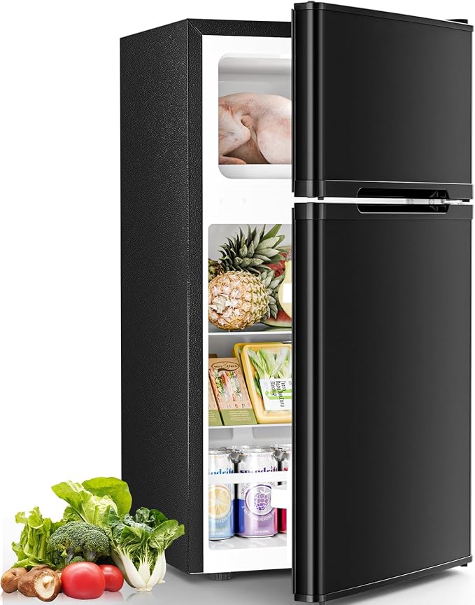 Antarctic Star Compact Mini Fridge with Freezer,Double Door with Adjustable Thermostat,Small Fridge Removable Shelves for Dorm/Office,2.5 Cu.Ft,Black