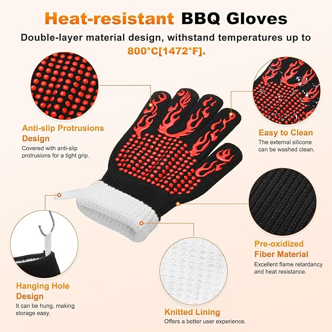 M METERXITY 1-Pair BBQ Gloves, 1472°F Heat Resistant Non-Slip Grilling Oven Gloves for Barbecue/Baking/Cooking, with Storage Bag [Flame Pattern L, Red]