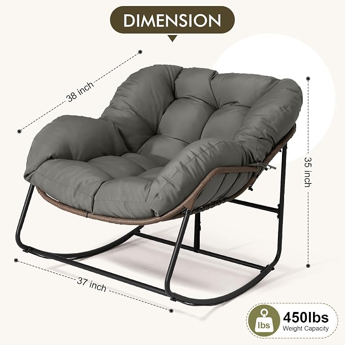 Bifanuo Oversized Egg Rocking Chair for Indoor Outdoor – All-Weather Wicker Rattan Lounge Chair with Cushion Patio Rocker for Porch Garden or Balcony (Grey)