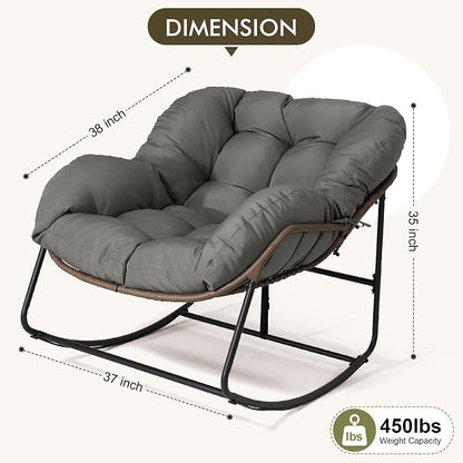 Bifanuo Oversized Egg Rocking Chair for Indoor Outdoor – All-Weather Wicker Rattan Lounge Chair with Cushion Patio Rocker for Porch Garden or Balcony (Grey)