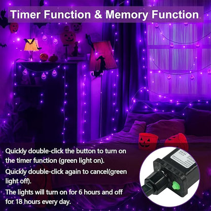 Upgraded Connectable 200 LED Halloween String Lights Outdoor Indoor, 66FT Purple Halloween Decorations Lights 13 Modes, Waterproof Twinkle Fairy Lights Plug in Clear Wire for Tree, Bedroom Decoration