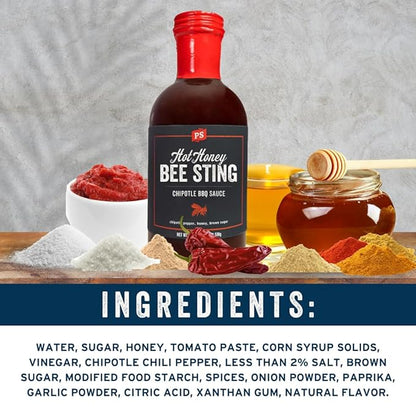 PS Seasoning Hot Honey Bee Sting Chipotle BBQ Sauce - All-Purpose Glaze, Marinade, Baste, and Dip - Sweet and Spicy Grilling Sauce for Chicken Wings, Pulled Pork, Salmon, and more