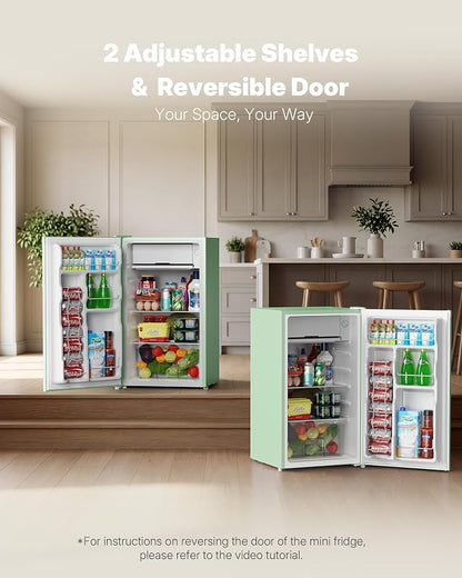 Upstreman 3.2 Cu.Ft Mini Fridge with Freezer, Green-BR321 | Adjustable Thermostat, Energy Saving, Low Noise, Reversible Door, Small Refrigerator for Dorm, Bedroom, Office