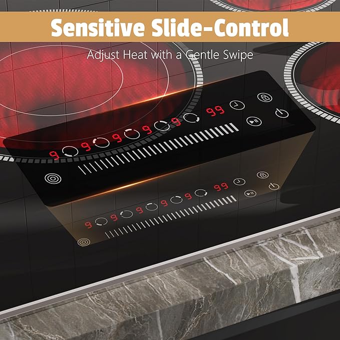 36 Inch Electric Cooktop, 5 Burner Stove Top with Slide Control, 9200W Electric Stove with Child Lock, Timer & Pause Function 36" Glass Cooktop, 220V Hard Wire(No Plug)