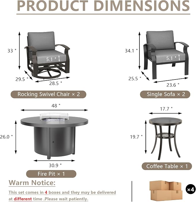 ALAULM Aluminum Patio Furniture Set with Coffee Table Rectangular, 5-seat Outdoor Sectional Furniture w/2 Swivel Chairs, Patio Conversation Set for Porch, Backyard, Poolside-Grey
