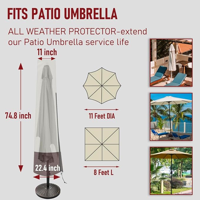 Patio Umbrella Cover Outdoor Umbrella Cover with Rod Waterproof Durable 600D Polyester Fabric Patio Parasol Umbrella Cover for 7 ft to 11 ft Outdoor Umbrella (Beige&Brown)