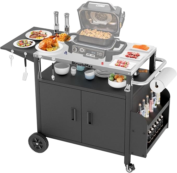 XL Outdoor Grill Cart with Cabinet, Extra-Wide Stainless Steel Table Top, Large Spice Rack & Lockable Wheels, Outdoor Kitchen Island Grill Table for BBQ, Cooking & Prep