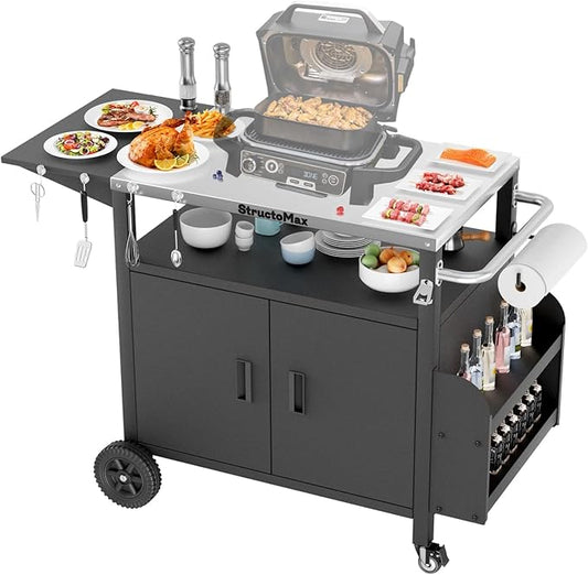 XL Outdoor Grill Cart with Cabinet, Extra-Wide Stainless Steel Table Top, Large Spice Rack & Lockable Wheels, Outdoor Kitchen Island Grill Table for BBQ, Cooking & Prep
