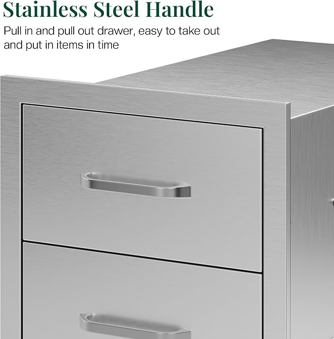 Jocisland 14-Inch Stainless Steel Outdoor Kitchen Drawer Cabinet | 14 W x 22 D x 20 H In, 3-Tier Drawers with Handles and Pull-Out Trays, Built-In BBQ Island Storage