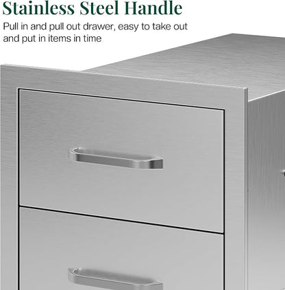 Jocisland 14-Inch Stainless Steel Outdoor Kitchen Drawer Cabinet | 14 W x 22 D x 20 H In, 3-Tier Drawers with Handles and Pull-Out Trays, Built-In BBQ Island Storage