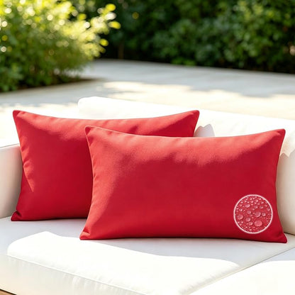 Outdoor Throw Pillows with Inserts, Waterproof Pillows for Outdoor Seating, Square Decorative Garden Cushion for Patio Furniture, Bed, Couch, Sofa (Red, 12" x 20" (Pack of 2))