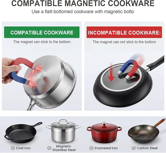 Portable Induction Cooktop 1800W Electric Countertop Stove for Kitchen, RV | Induction Burner with 9 Temperature Settings (140℉-518℉), 9 Power Levels, 10-Hour Timer Adjustment, LED Display, Safety Lock