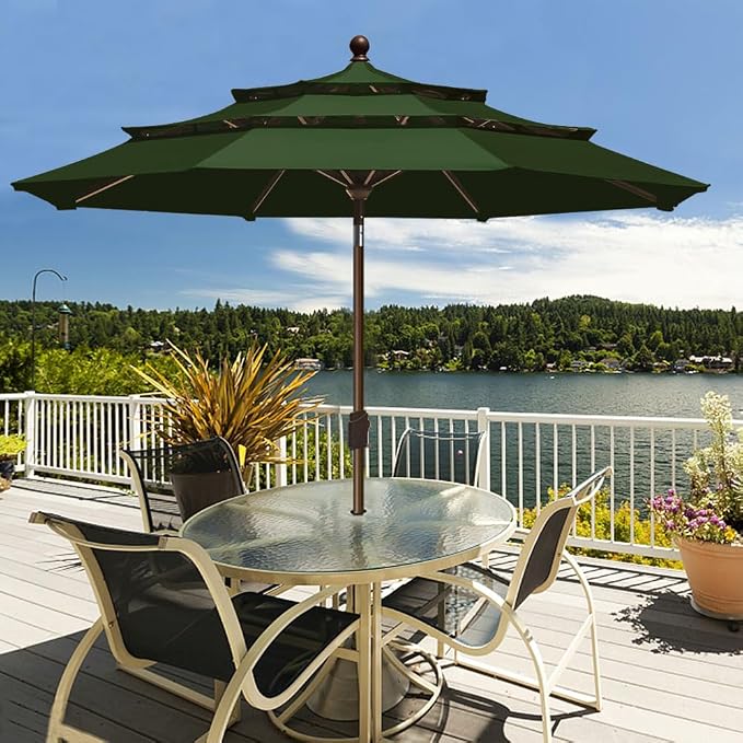 EliteShade USA 10-Year-Non-Fading 9ft 3-Tier Market Patio Umbrella, Commercial Grade Outdoor Table Umbrella with Crank Open, Windproof & UPF 50+ UV Protection, Heavy Duty Ventilation for Garden, Deck, Pool, Backyard, Beach & Bistro, Fern