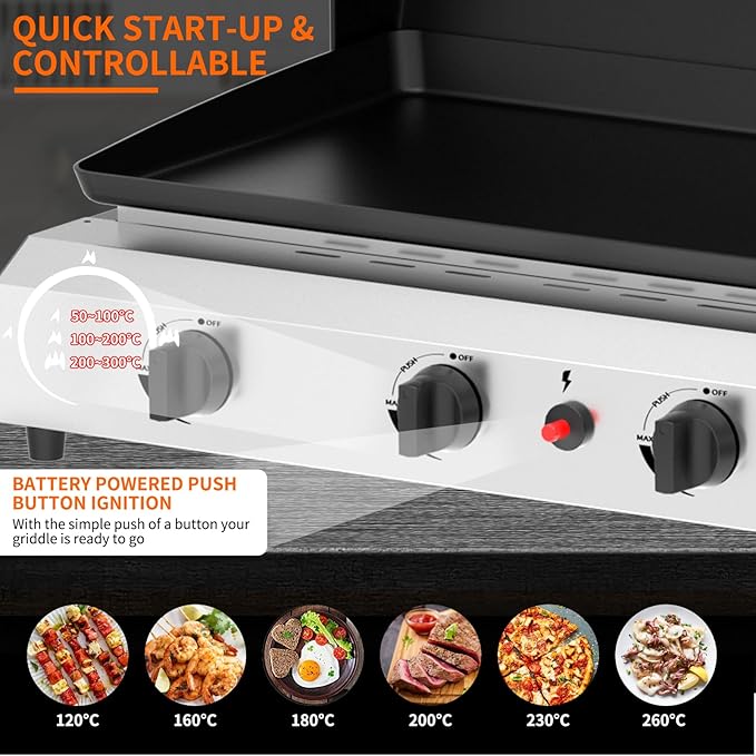 SKOK 4 Burner Gas Griddle with Hood- 30 Inch Outdoor Propane Griddle-60000 BTU Propane Fuelled, Portable Flat Top Gas Grill Camping Griddle with Lid for Kitchen, Outdoor BBQ, Camping