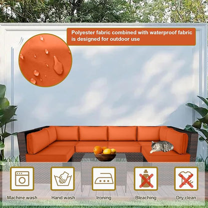 14 Piece Outdoor Patio Cushion Cover Replacement, Waterproof Patio Cushion Covers, Outdoor Furniture Cushion Covers Set for 6 Seat Wicker Rattan Sofa (Orange)