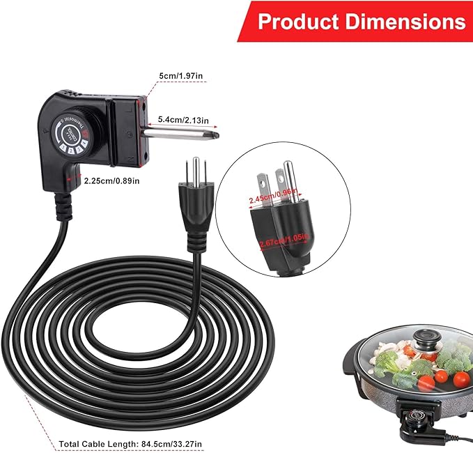 Adjustable Thermostat Probe Cord for Electric Skillet, 15A 125V Electric Griddle Power Cord with Precise Temperature Control Compatible with Masterbuilt Smokers & Griddles