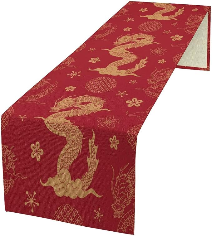Gold Dragon Table Runner Traditional Oriental Chinese Japanese Flying Animal Red Dinner Runner Table Decoration for Home Kitchen Dining Table Party Decoration 13x36in