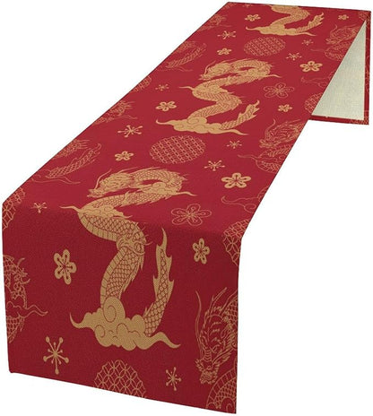Gold Dragon Table Runner Traditional Oriental Chinese Japanese Flying Animal Red Dinner Runner Table Decoration for Home Kitchen Dining Table Party Decoration 13x36in