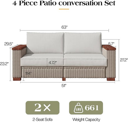 PaPaJet 4-Piece Wicker Patio Furniture Set with Solid Wood Armrest, Outdoor Patio Set with Thick Legs, UV-Resistant Modular Outdoor Sectional Sofa for Backyard, Porch, Garden