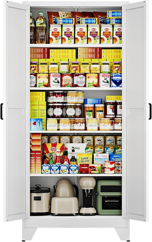 Letaya 75" H Metal Storage Cabinet with 2 Doors and 4 Shelves,Tall Kitchen Pantry Cabinets,Farmhouse Utility Pantry Organizers for Cupboard/Dining/Bathroom/Home Office/Garage,White