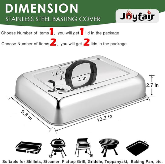 2Pcs Basting Cover Melting Dome for Griddle (13 x 9.8"), Joyfair Rectangular Stainless Steel Cheese Melt Lid for Outdoor Flat Top Grill, Heat-Resistant Handle & Dishwasher Safe (With Vent)