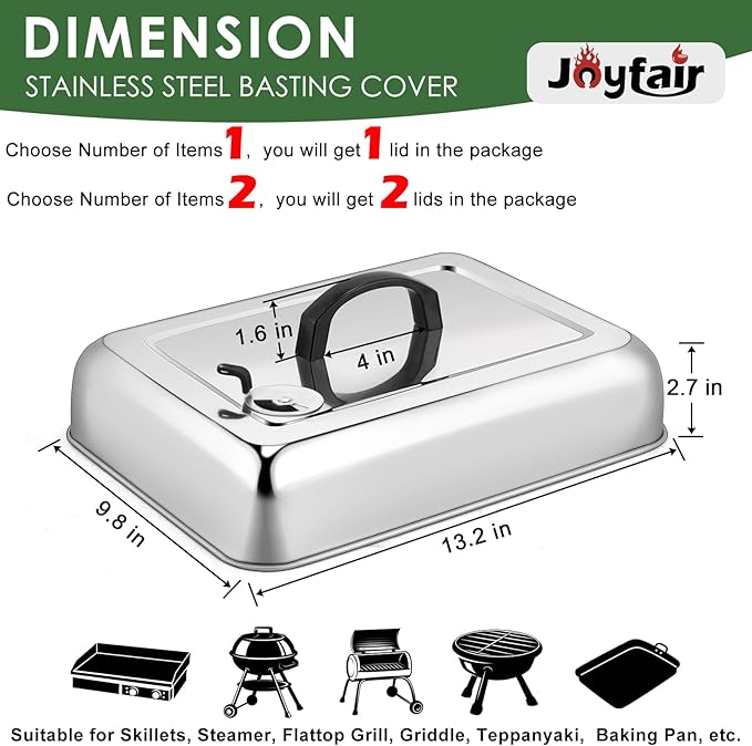 1Piece Basting Cover Melting Dome for Griddle (13 x 9.8"), Joyfair Rectangular Stainless Steel Cheese Melt Lid for Outdoor Flat Top Grill, Heat-Resistant Handle & Dishwasher Safe (With Vent)