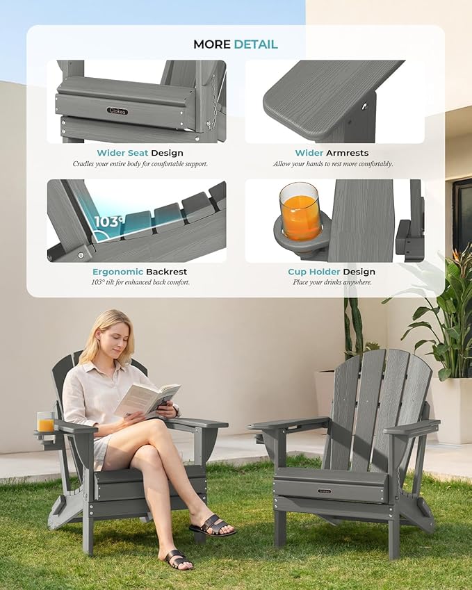 Ciokea Folding Adirondack Chair Wood Texture 4 Pack, Patio Adirondack Chair Weather Resistant, Plastic Fire Pit Chair with Cup Holder, Lawn Chair for Outdoor Porch Garden Backyard Deck (Grey)