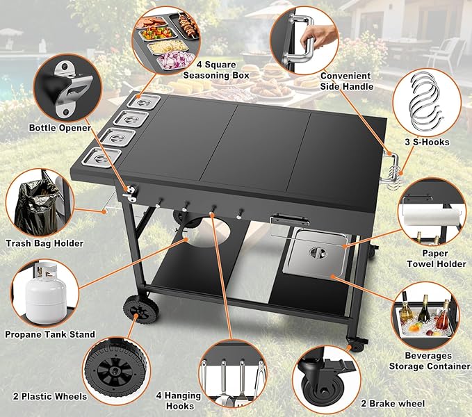 Pizza Oven Table with Topping Station, Outdoor Pizza Oven Cart, Grill Cart for Ninja, Cuisinart, Gozney, Movable BBQ Prep Table Station with Seasoning Tray for Patio, Kitchen, Backyard