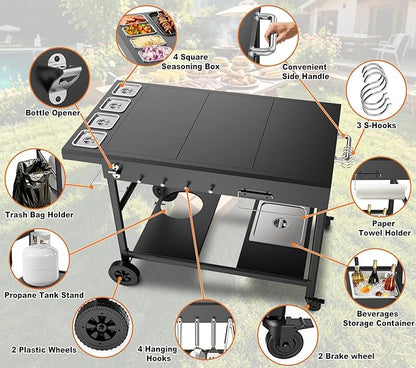 Pizza Oven Table with Topping Station, Outdoor Pizza Oven Cart, Grill Cart for Ninja, Cuisinart, Gozney, Movable BBQ Prep Table Station with Seasoning Tray for Patio, Kitchen, Backyard