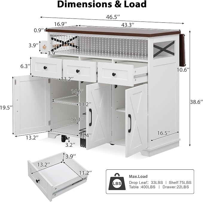 Bellemave 46.5" Farmhouse Kitchen Island cart with Charging Station and with Drape of Beads, Rolling Kitchen Island Table with Drop-Leaf, 3 Drawers, White