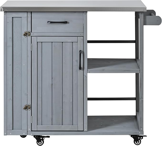 JIVOIT Outdoor Kitchen Island with Stainless Steel Worktop, Fir Wood Prep Station Lockable Kitchen Cart with Ample Storage Space, Towel and Spice Racks for Patio and Outdoor (Grey/122)