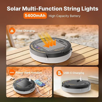 OGERY Solar Camping String Lights, 5400mAh/ 49.2FT/ 11 Modes Rechargeable | Camping Lights Outdoor/Indoor, 4-in-1 Quick Storage Fairy Tent Lights Portable LED Lamp for Patio Yard Party Decor Essentials