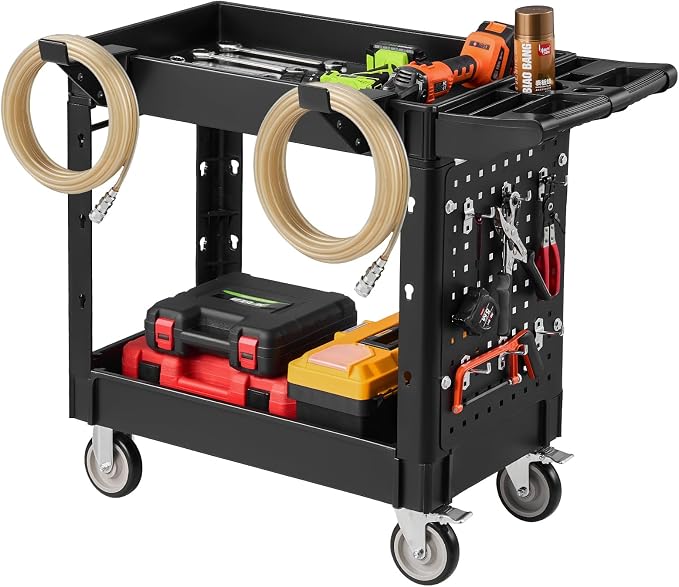 VEVOR Heavy Duty Utility Cart with Tray & Pegboard, 550 LBS 2 Tier Service Cart with 360° Swivel & Fixed Wheels (2 with Brakes), Plastic Rolling Cart, Tool Storage for Garage Warehouse Workshop