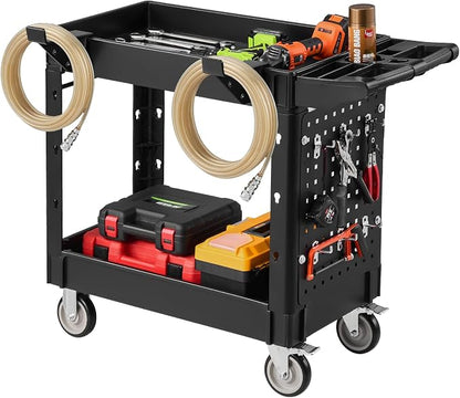 VEVOR Heavy Duty Utility Cart with Tray & Pegboard, 550 LBS 2 Tier Service Cart with 360° Swivel & Fixed Wheels (2 with Brakes), Plastic Rolling Cart, Tool Storage for Garage Warehouse Workshop
