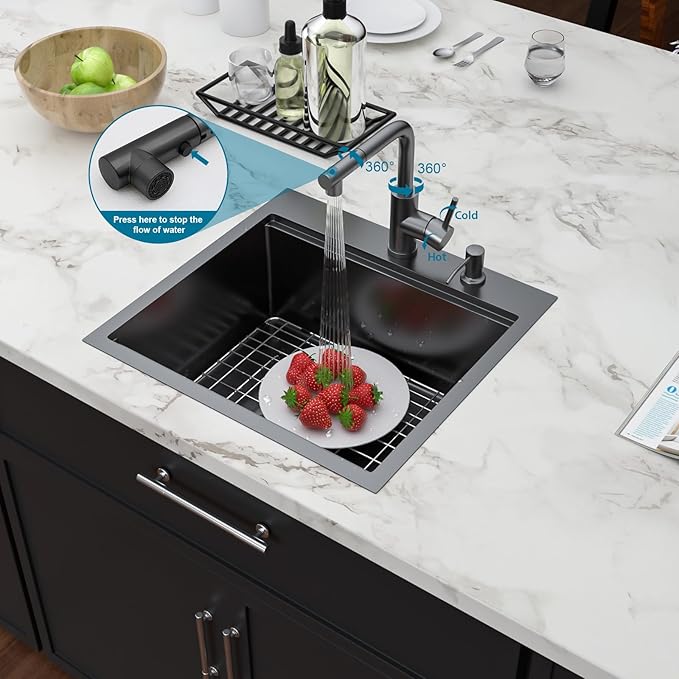21 Inch Black Drop In Bar Sink Outdoor Kitchen Sink Workstation 16 Gauge Stainless Steel Single Bowl Small Sinks with Pull-out Faucet 21"x20"x9"