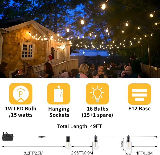 15M LED Outdoor String Lights Patio Dimmable Hanging Light with Remote, Waterproof Shatterproof Edison Bulbs, 3 Modes Outside Lighting Connectable for Graden Porch Backyard Balcony Deck