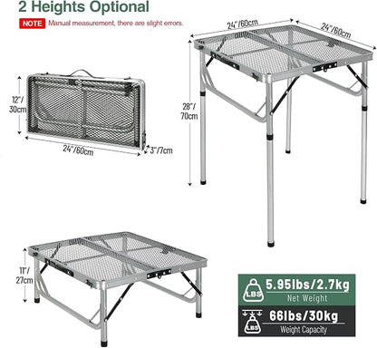 Portable Grill Table for Outside, Aluminum Folding Grill Stand Table for Outdoor Camping Picnic BBQ, Lightweight Adjustable Height, 24"x24"x9.8"/27" Sliver