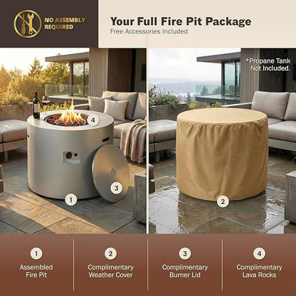 32 Inch Round Propane Fire Pit Table – 50,000 BTU Outdoor Gas Fire Table for Patio, Deck, Backyard, CSA Certified, Alloy Steel with Waterproof Cover, Lava Rocks & Lid, Gray