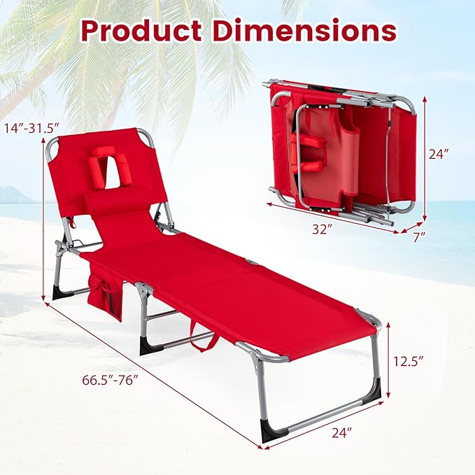 Goplus Tanning Chair, Folding Adjustable Patio Lounger w/Face Arm Holes, 4-Position, 330 LBS, Removable Cushion,Carry Strap, Outdoor Sunbathing Chair, Lightweight Portable Beach Lounge Chair (1, Red)